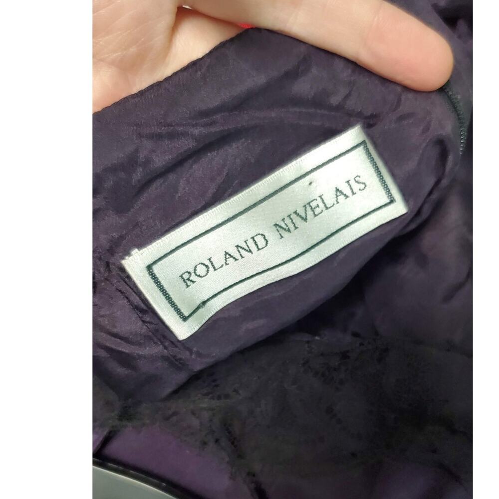 ❤️‍ VINTAGE Roland Nivelais 90s Designer Dark Purple Silk Lace-Trim Dress Size 8 - Picture 9 of 10